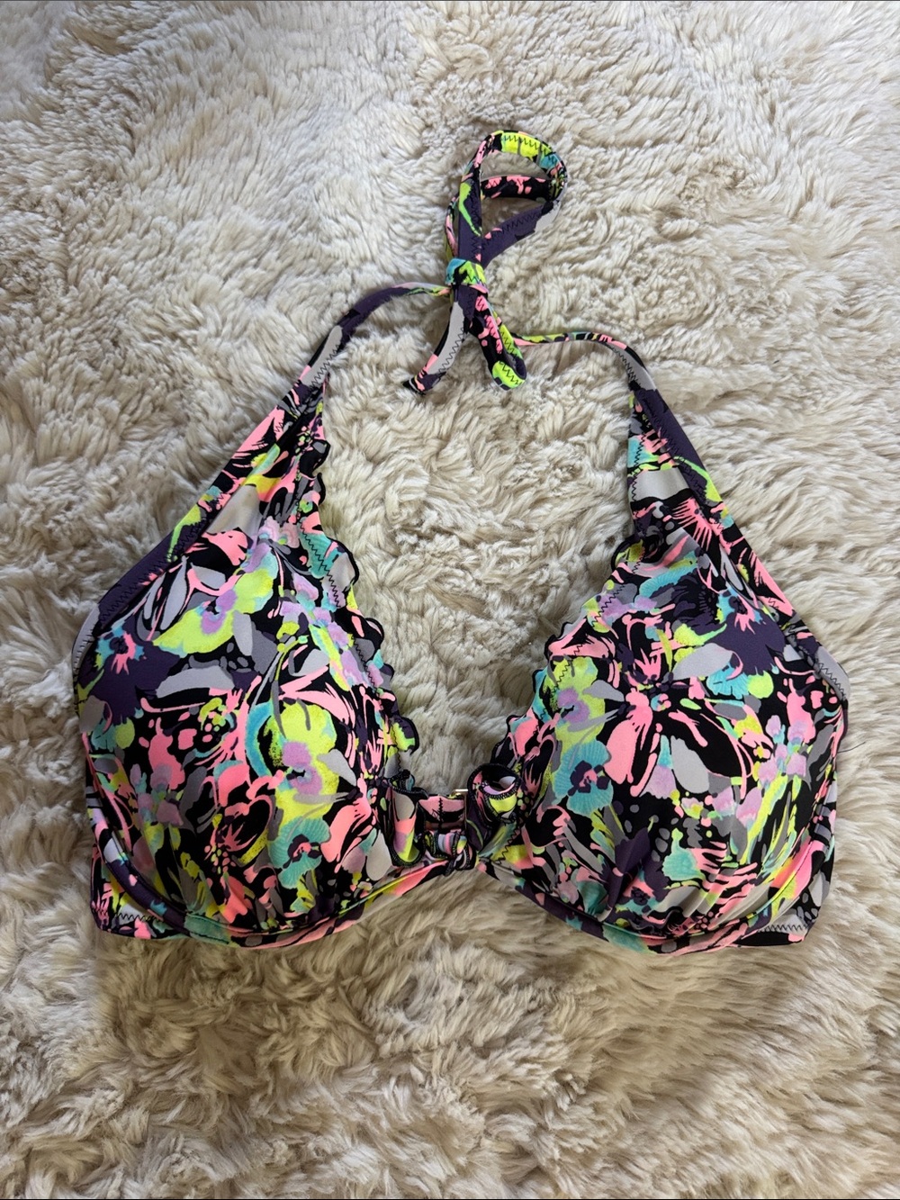 34DD Neon Floral Halter Bikini Top - Black, Pink, Yellow, Green